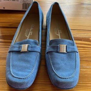 Salvatore Ferragamo Blue Suede Loafers, Size 8B, barely worn original box